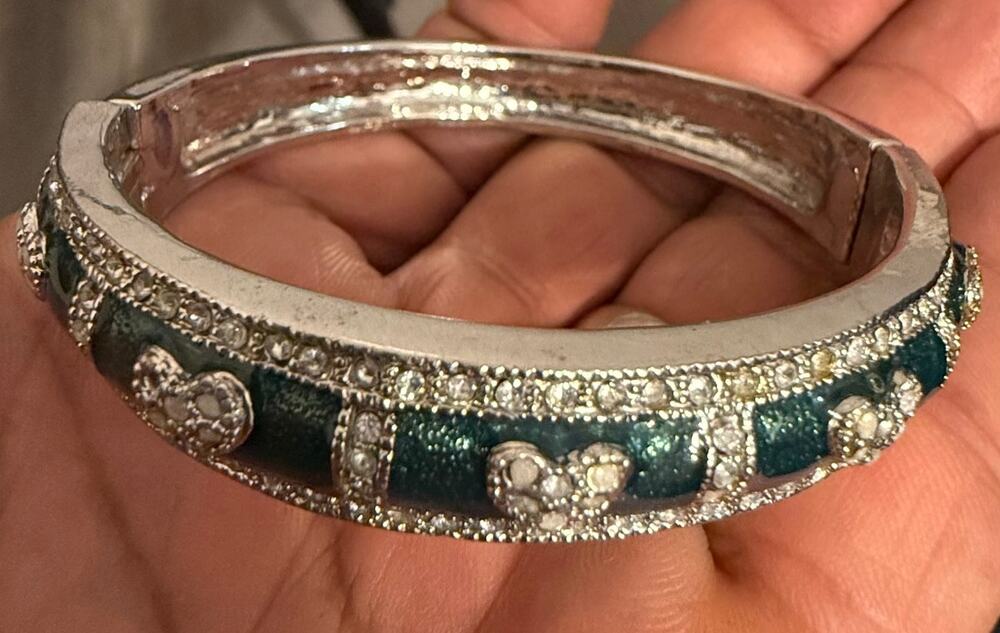 Vintage Hinged Green Enamel Rhinestone Bangle Bracelet Size 7